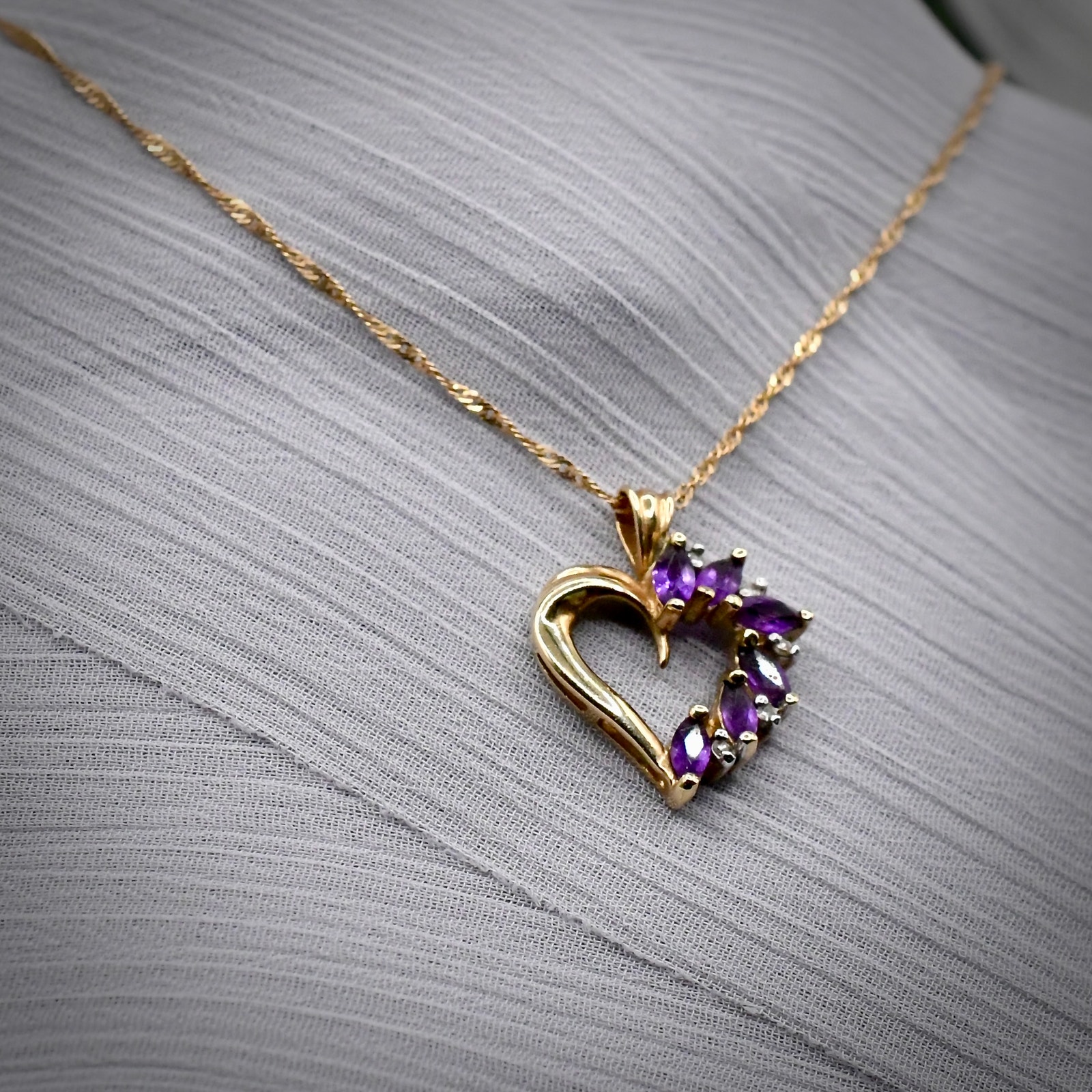14k Gold Chain 10k Amethyst Heart Pendant Necklace Set Fine Jewelry